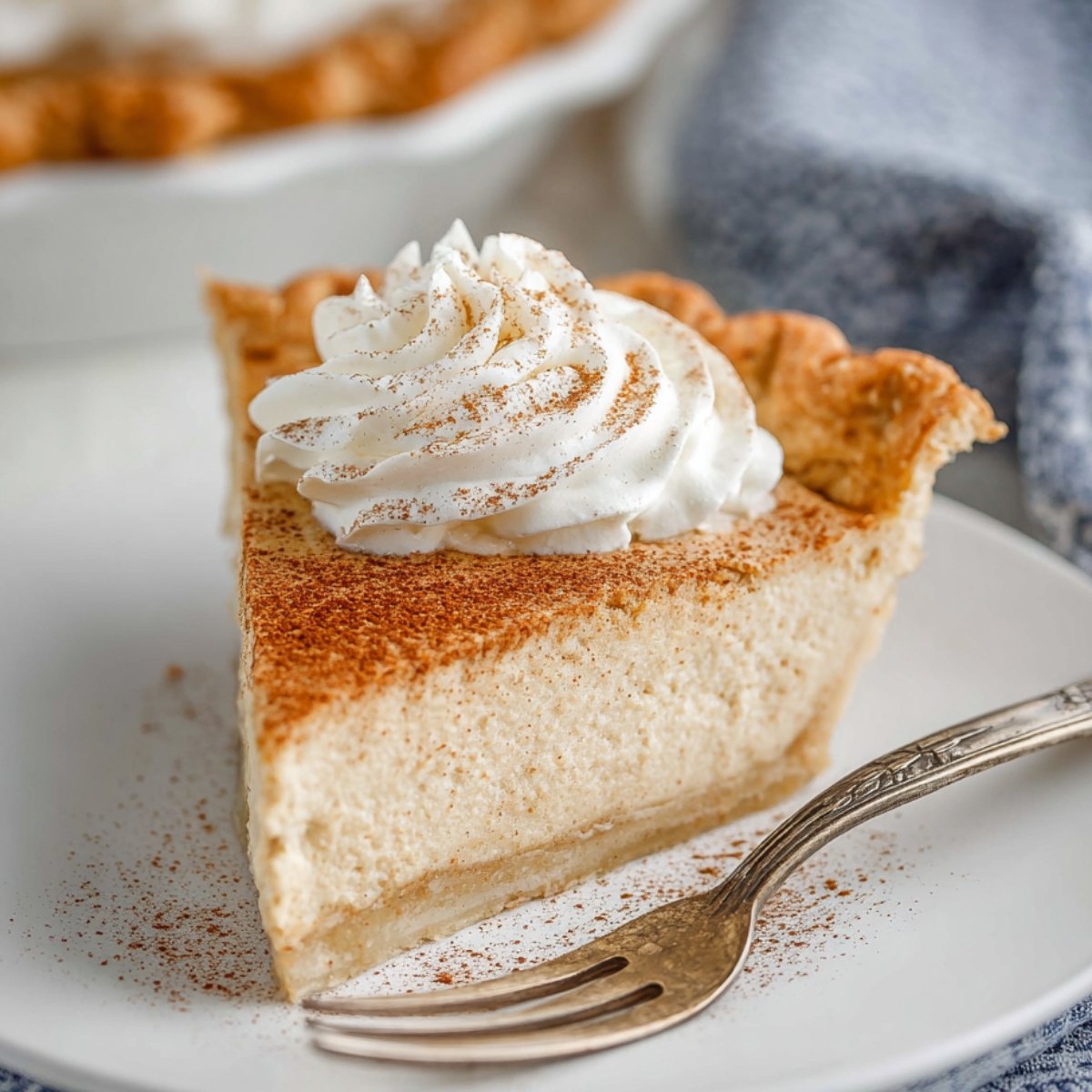 Close-up of a slice of vanilla cinnamon pie, topped with whipped cream and a dusting of cinnamon, on a white plate with a vintage fork.