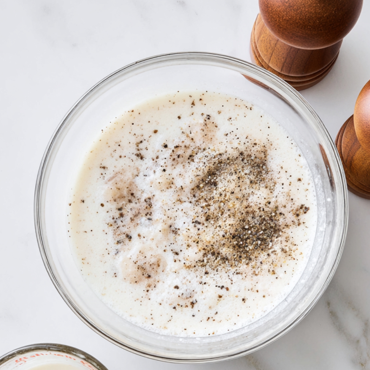 In a mixing bowl, combine the cream of mushroom soup, milk, salt, and pepper. Whisk it together until it's smooth and creamy. This is your magic sauce.