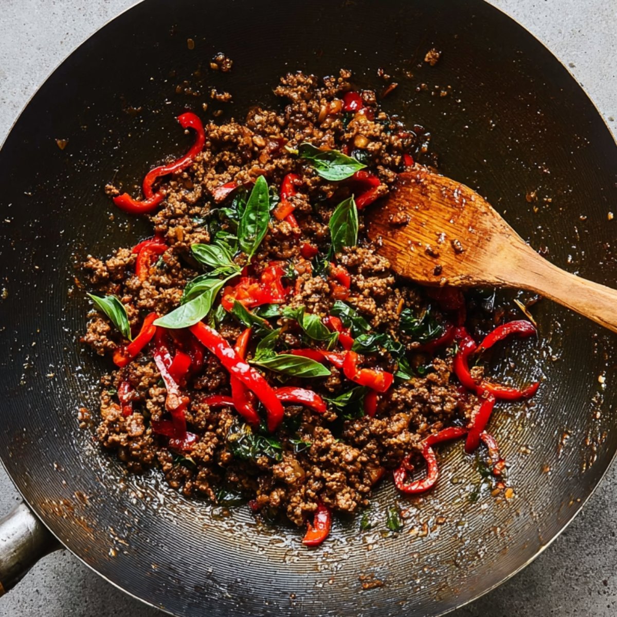A wok filled with cooked ground beef and sliced red bell peppers, topped with fresh Thai basil leaves. The dish is being stirred with a wooden spoon, and the ingredients are coated with a rich, savory sauce.