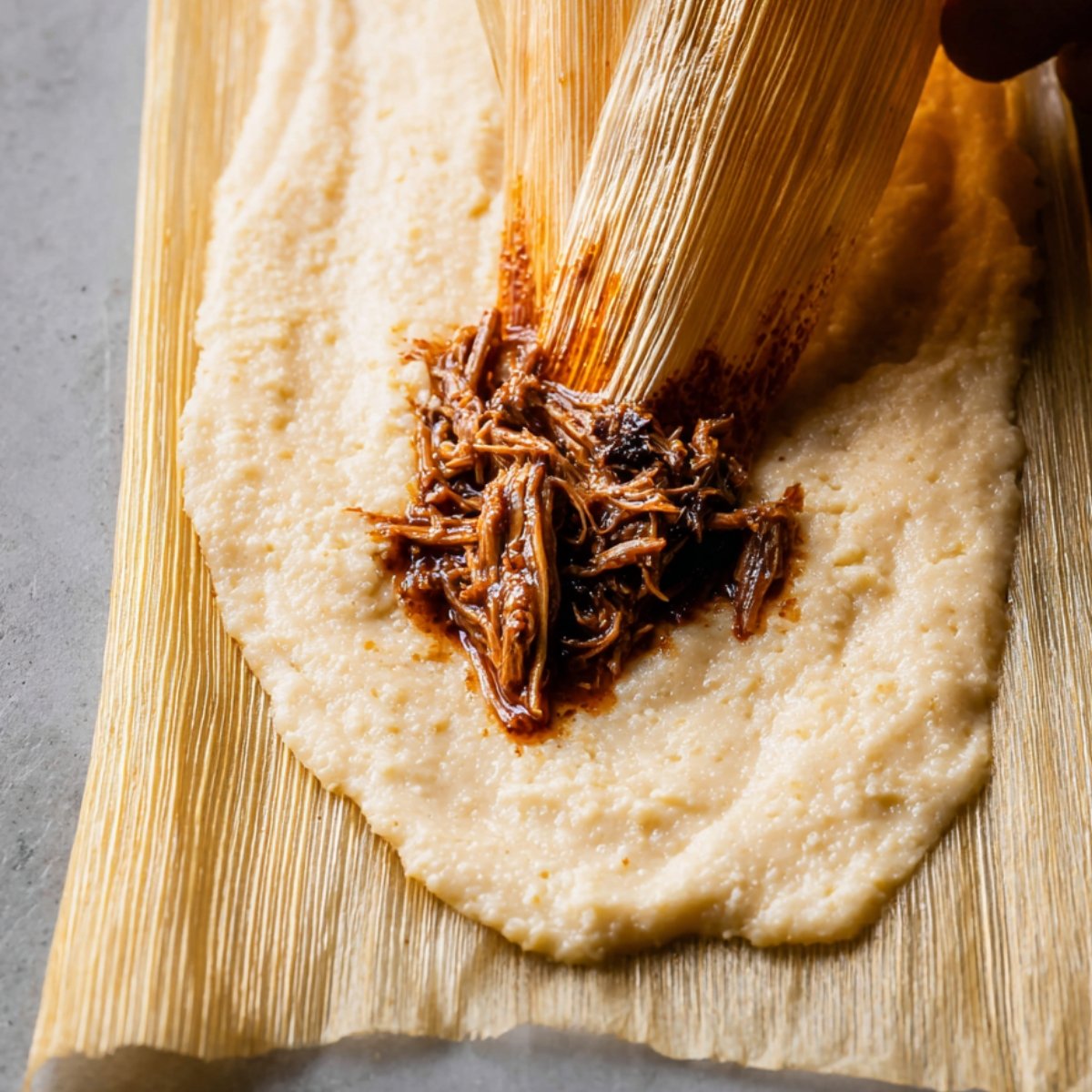 A tamale being filled with shredded pork and chili sauce on a corn husk.
