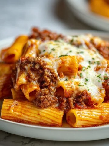 Slice of Baked Ziti with Ground Beef, marinara sauce, and melted mozzarella cheese served on a white plate