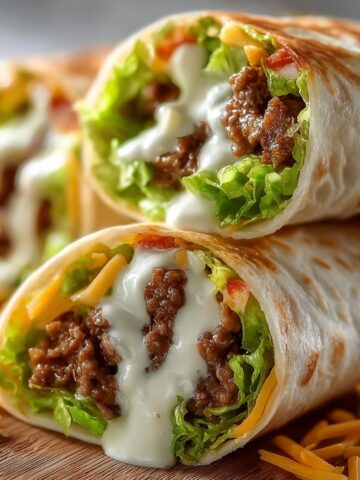 Stack of delicious Big Mac Wraps with seasoned beef, lettuce, cheese, and creamy sauce, cut in half to show the filling inside.