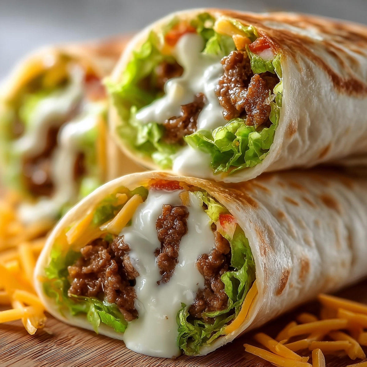 Stack of delicious Big Mac Wraps with seasoned beef, lettuce, cheese, and creamy sauce, cut in half to show the filling inside.