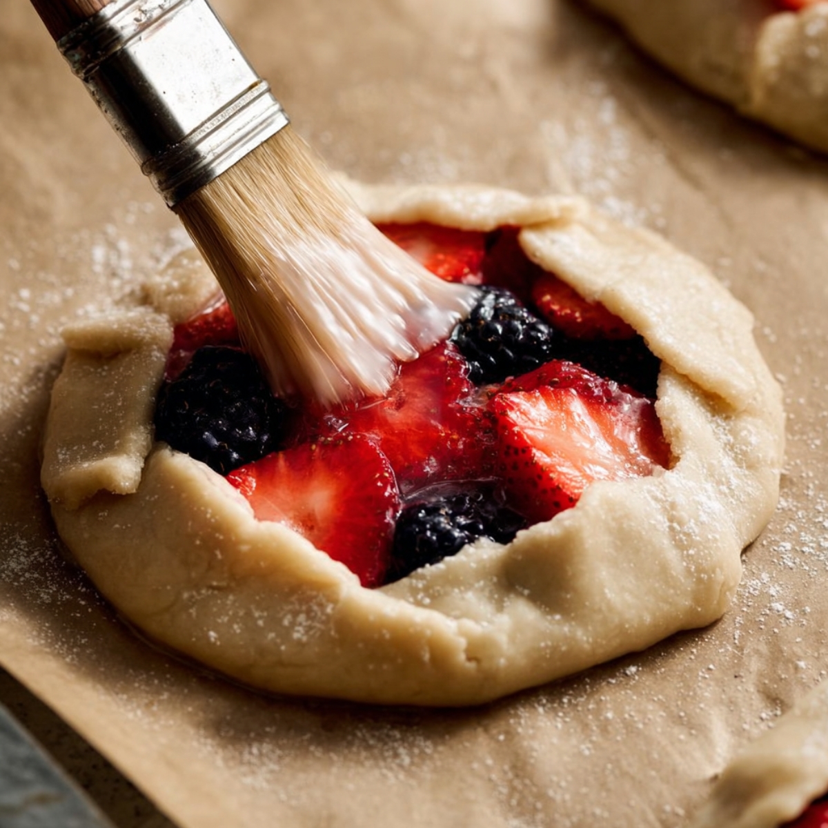 Close-up of a mini strawberry and blackberry galette on parchment paper while a pastry brush spreads egg wash over the exposed crust edges, showing raw dough folded around fresh berries before baking.