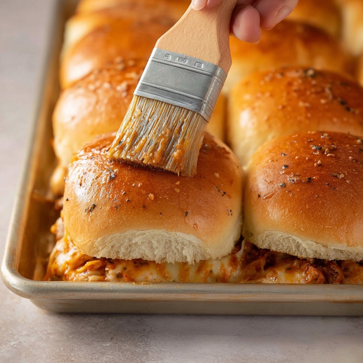 A pastry brush applying butter to the top of slider buns.