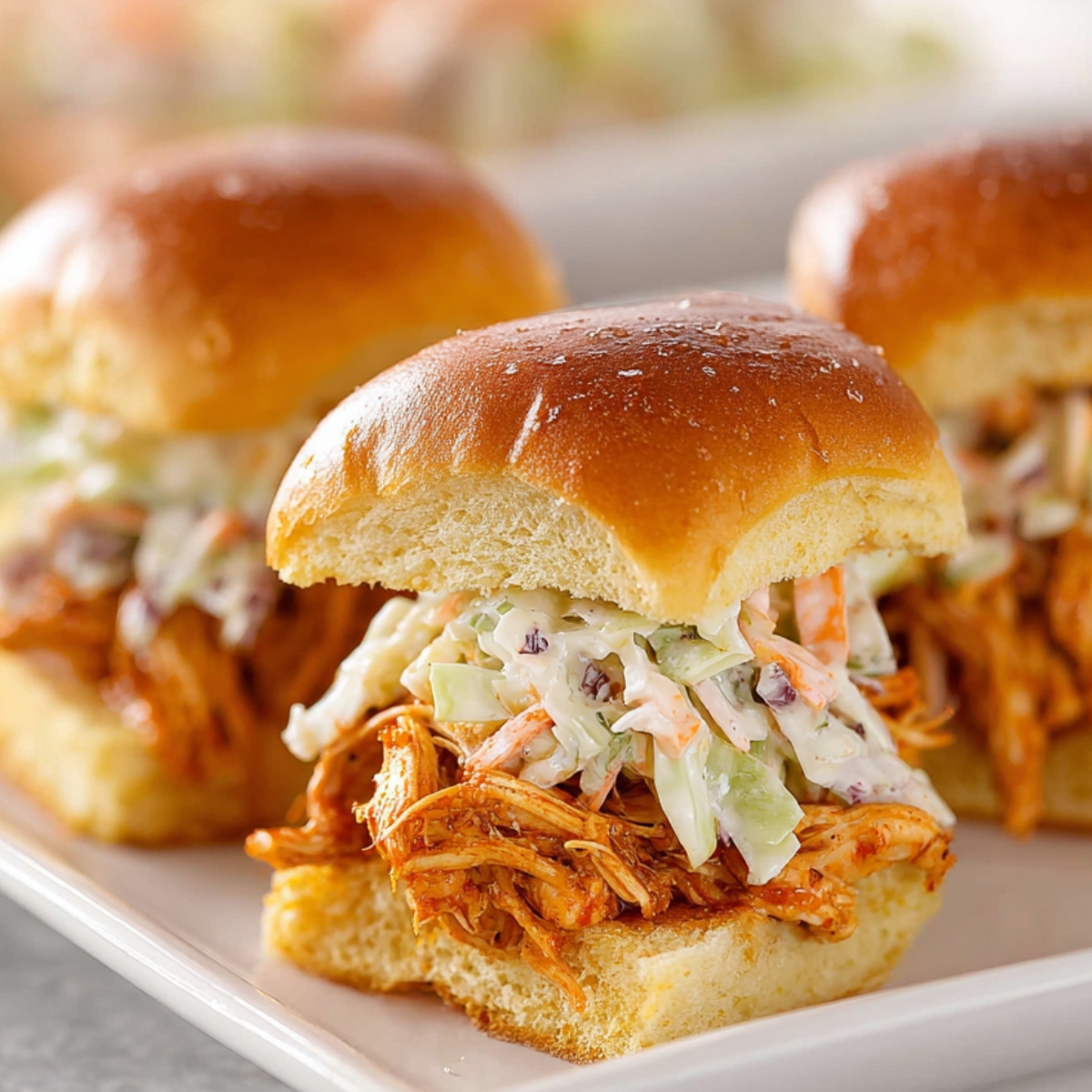 A plate of Buffalo Chicken Sliders Recipe topped with creamy coleslaw.