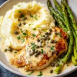 Chicken piccata served with mashed potatoes, capers, and asparagus.