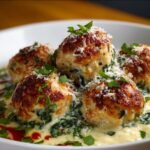 Golden-brown chicken ricotta meatballs served over creamy spinach Parmesan sauce, garnished with fresh herbs and grated cheese.