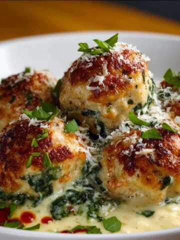 Golden-brown chicken ricotta meatballs served over creamy spinach Parmesan sauce, garnished with fresh herbs and grated cheese.