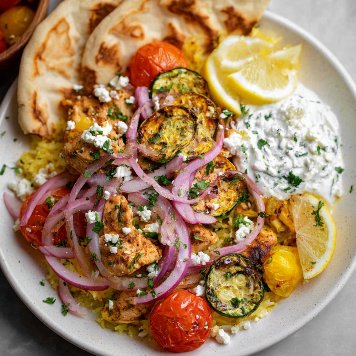 A close-up of a Chicken Tzatziki Casserole with roasted vegetables, topped with fresh herbs and feta cheese, ready to be served.