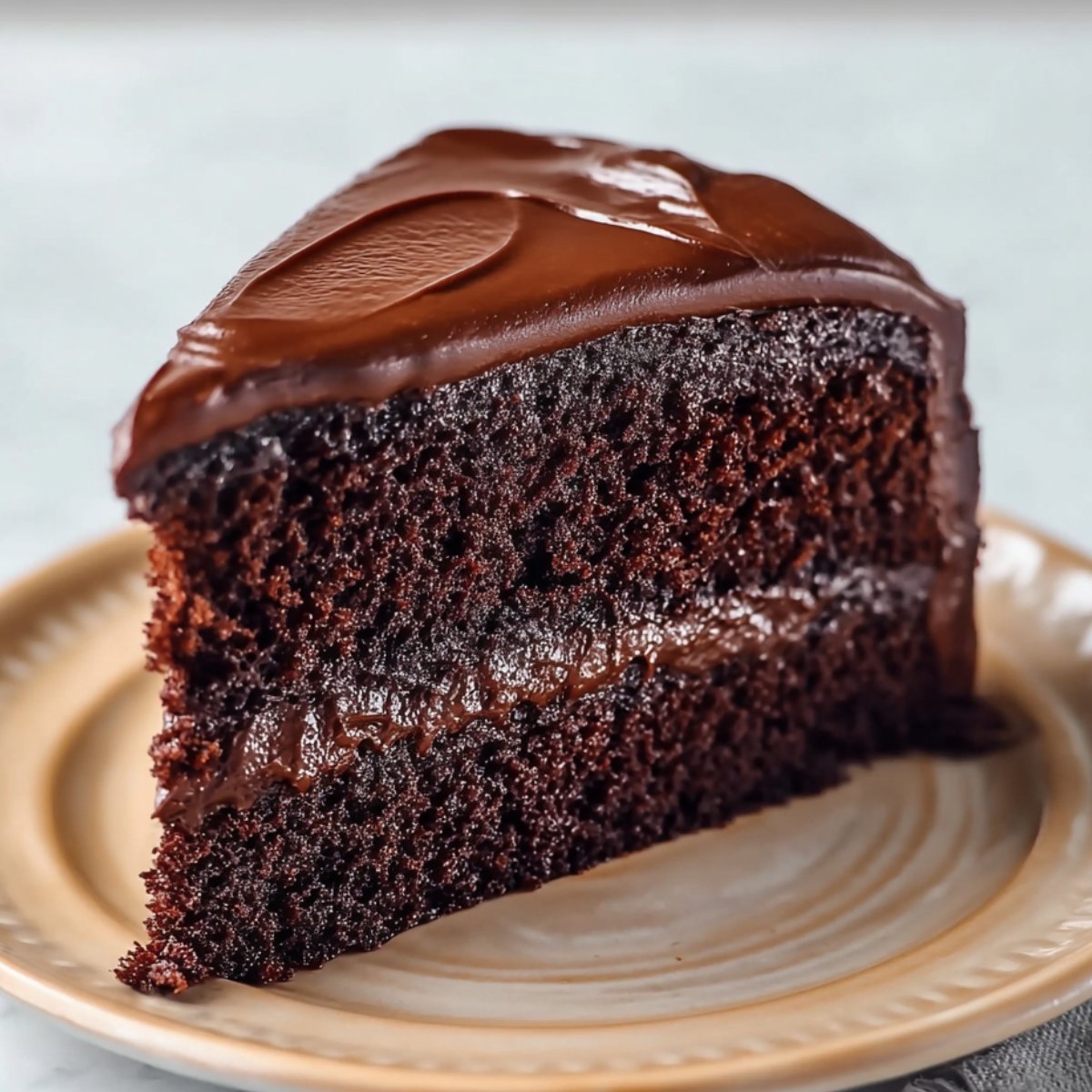 A close-up of a Chocolate Mayonnaise Cake slice with a smooth chocolate frosting, placed on a beige plate.
