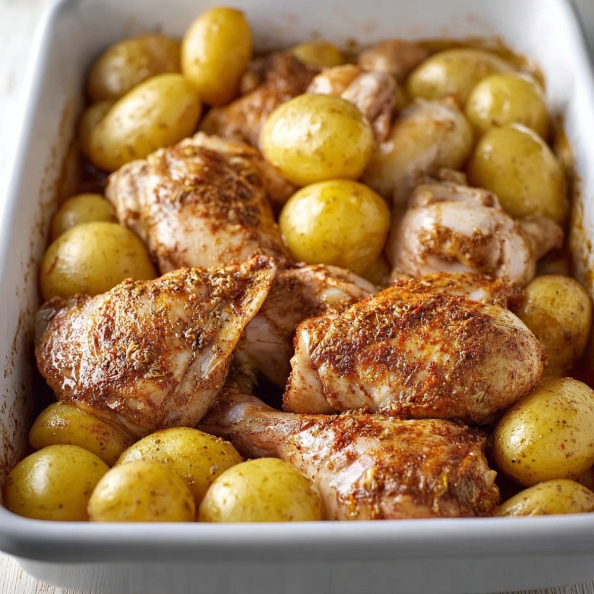 A baking dish filled with chicken pieces coated in a spice rub, surrounded by golden baby potatoes, ready to be roasted.