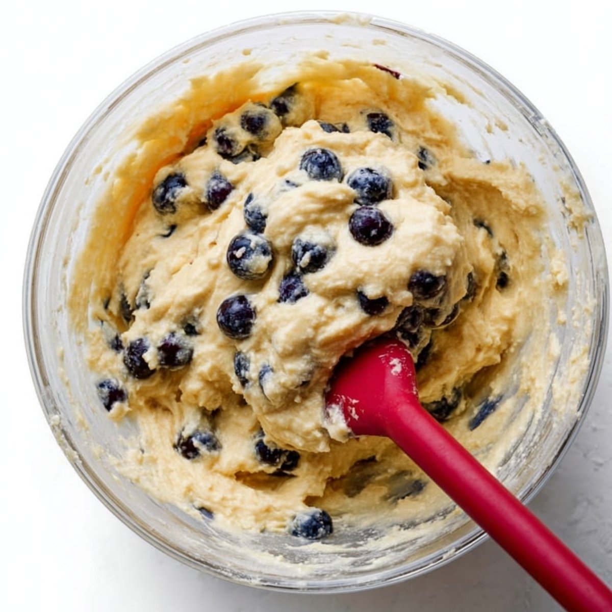 Blueberry muffin batter being mixed in a glass bowl with a red spatula