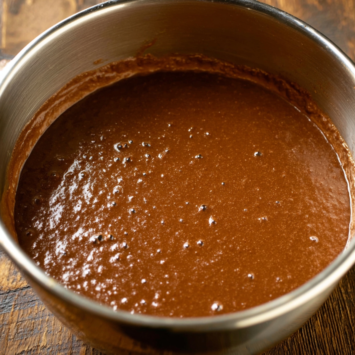 A mixing bowl filled with rich, glossy chocolate cake batter.