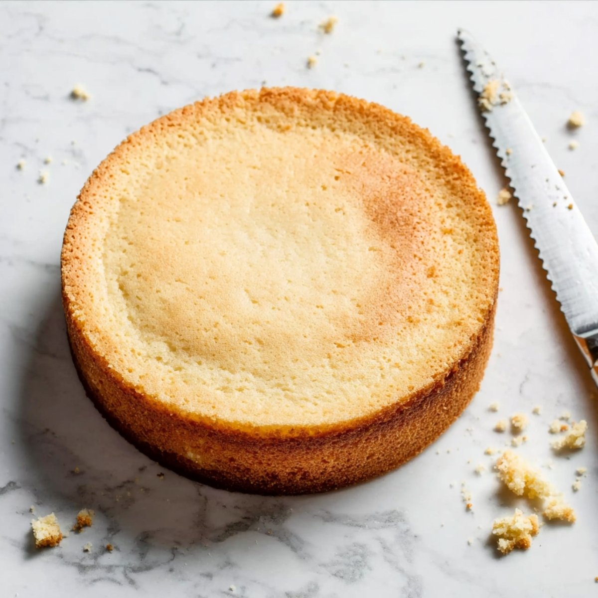 A freshly baked vanilla cake with a perfectly golden edge and a soft center.