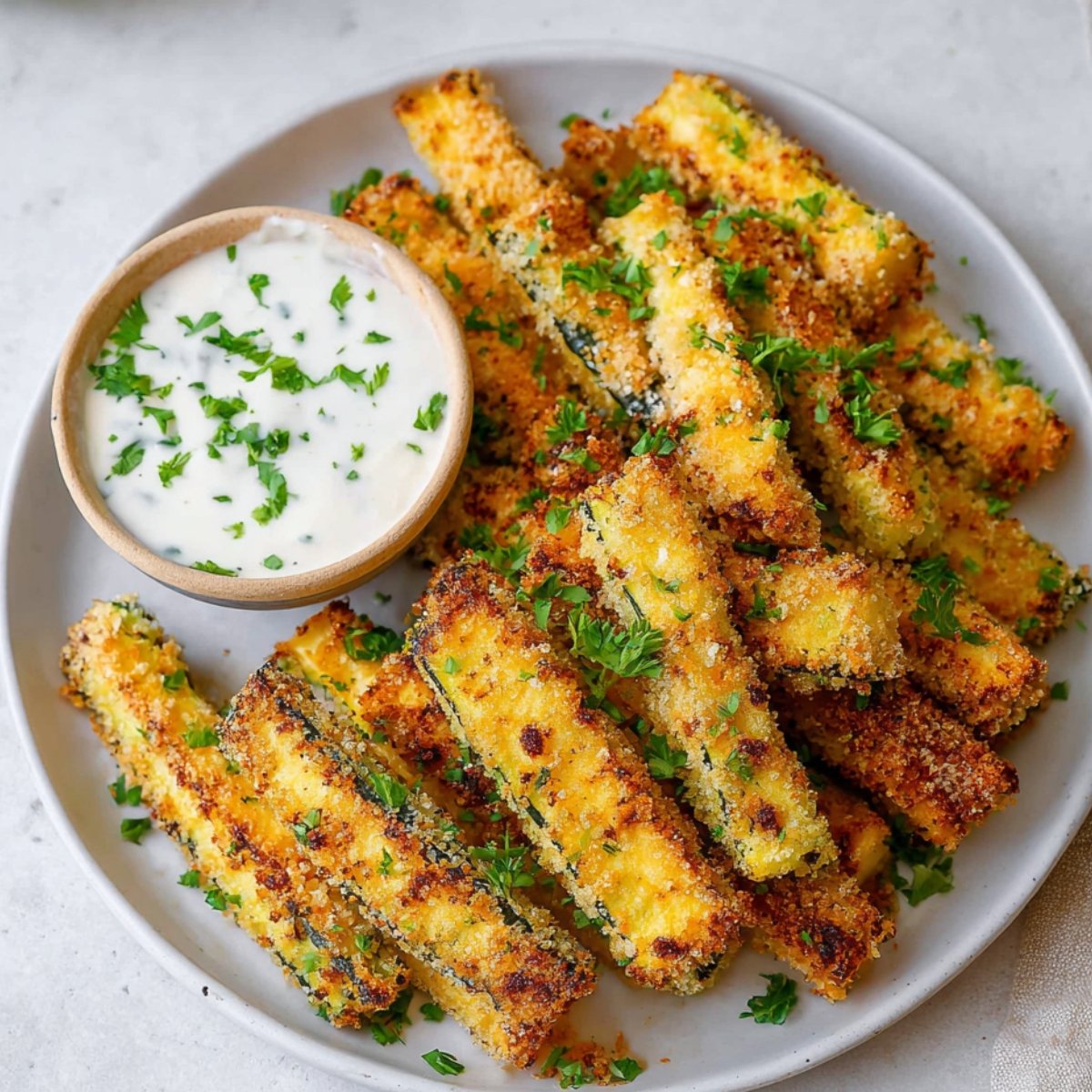 Crispy Baked Zucchini Fries garnished with parsley and served with a side of dipping sauce.