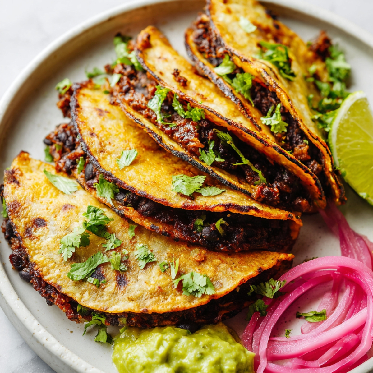 Golden brown Crispy Black Bean Tacos, ready to be served with guacamole and lime.