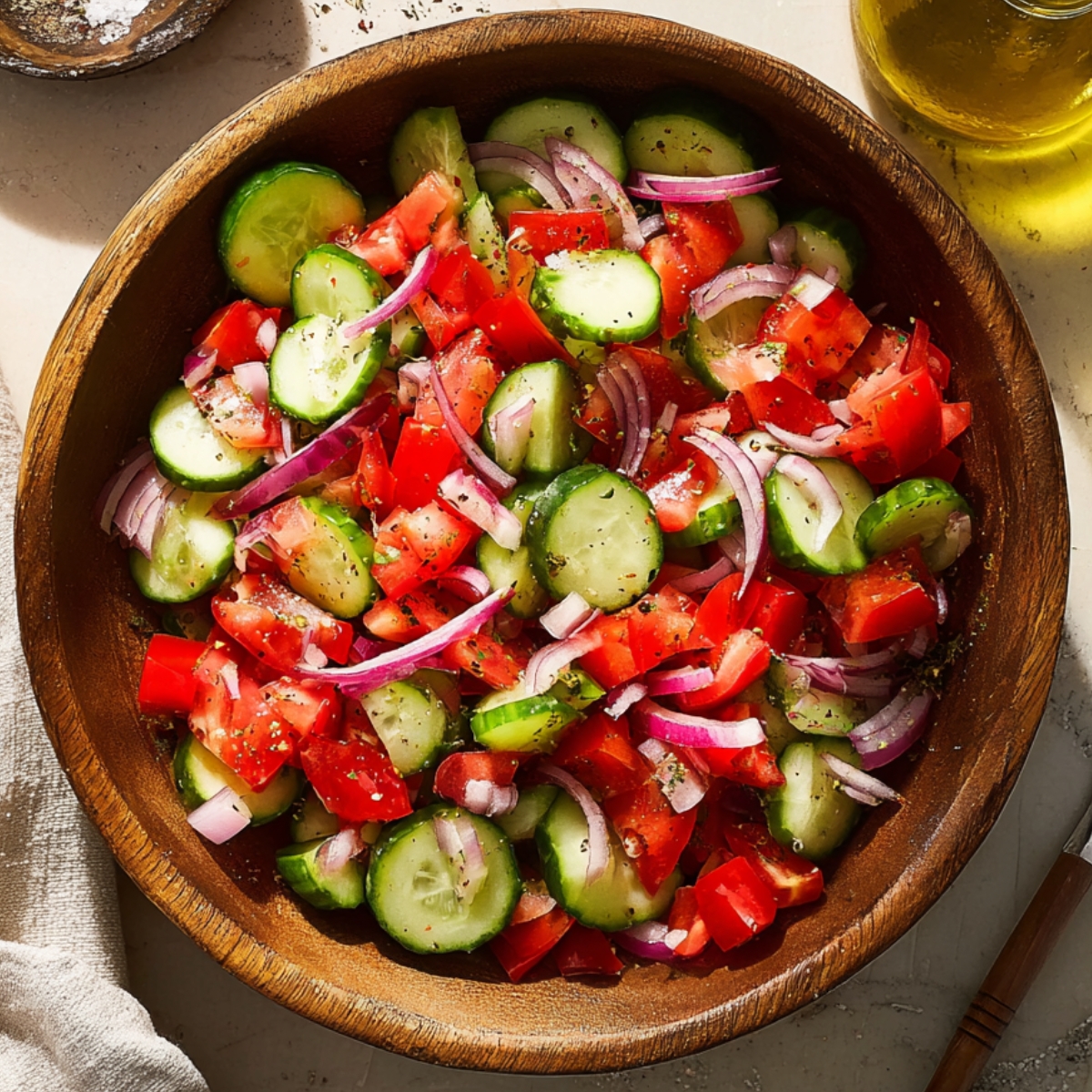 A fresh Cucumber Tomato Salad with red onion slices, sprinkled with black pepper, and olive oil in a rustic wooden bowl.