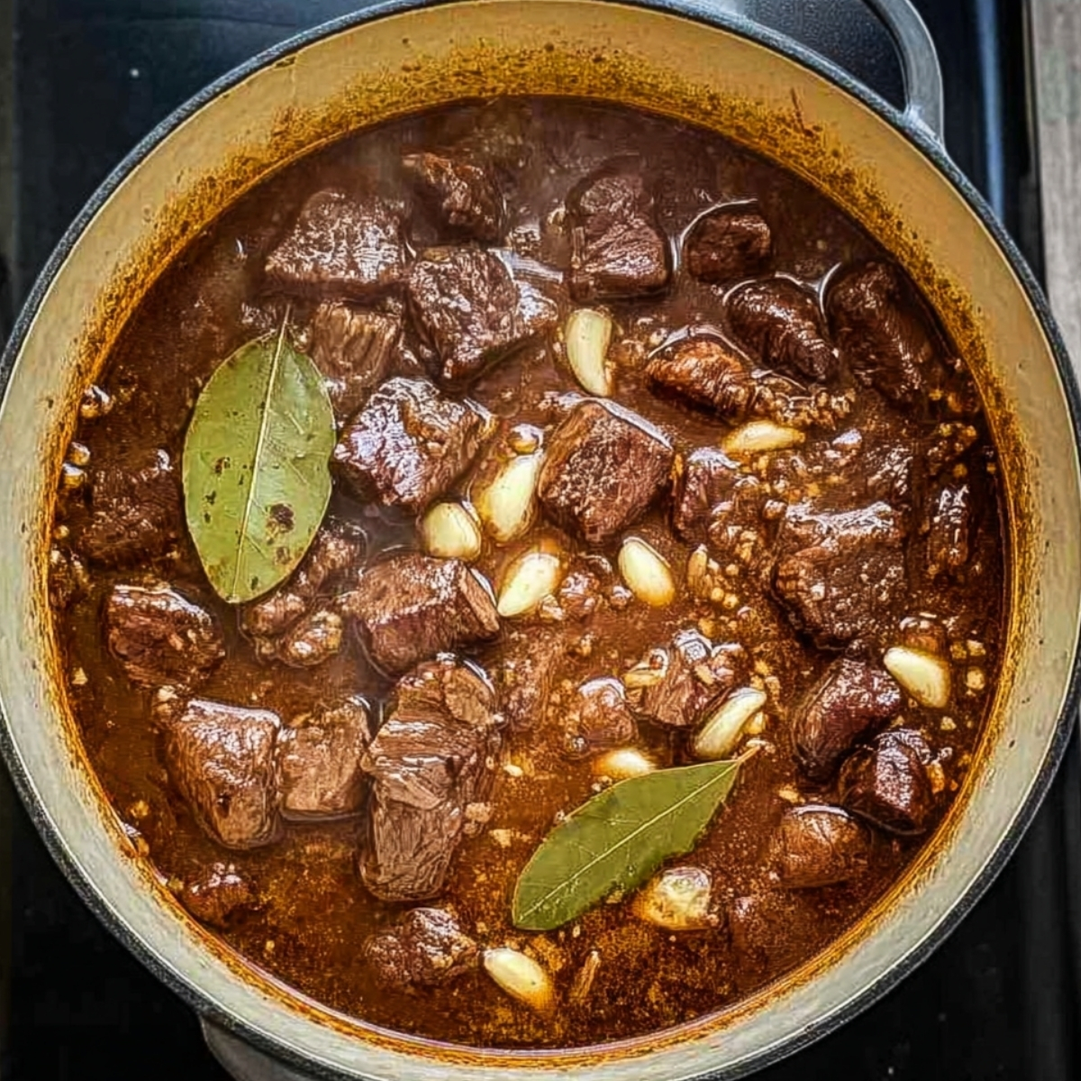 Beef chunks simmering in a rich brown gravy with garlic and bay leaves in a Dutch oven
