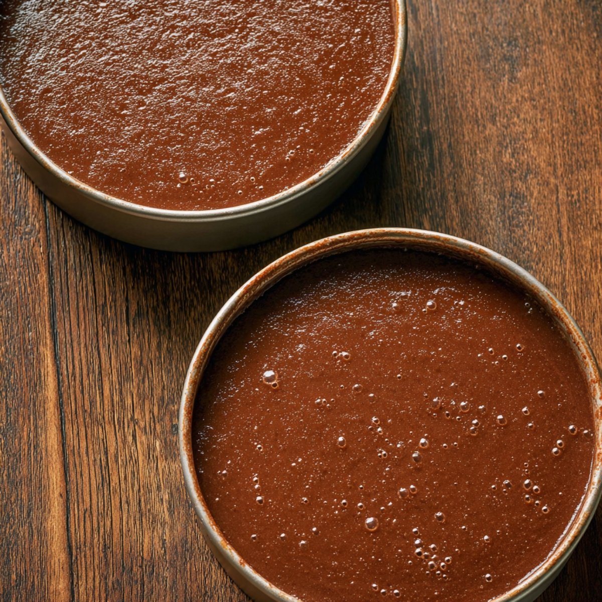 Two round cake pans filled with chocolate cake batter, ready to be baked.
