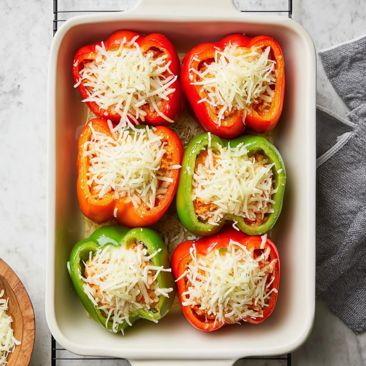 Overhead view of baked buffalo chicken stuffed peppers in a large pan, topped with creamy sauce, chopped green onions, and herbs, with golden roasted edges and colorful presentation.
