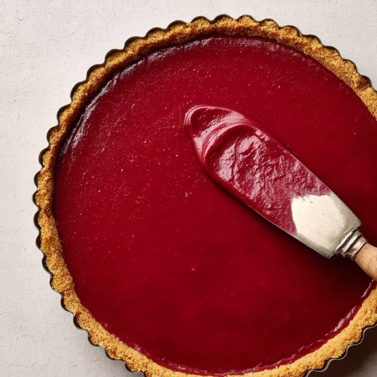 Hand spreading smooth cranberry curd filling evenly inside a golden graham cracker tart crust using an offset spatula.