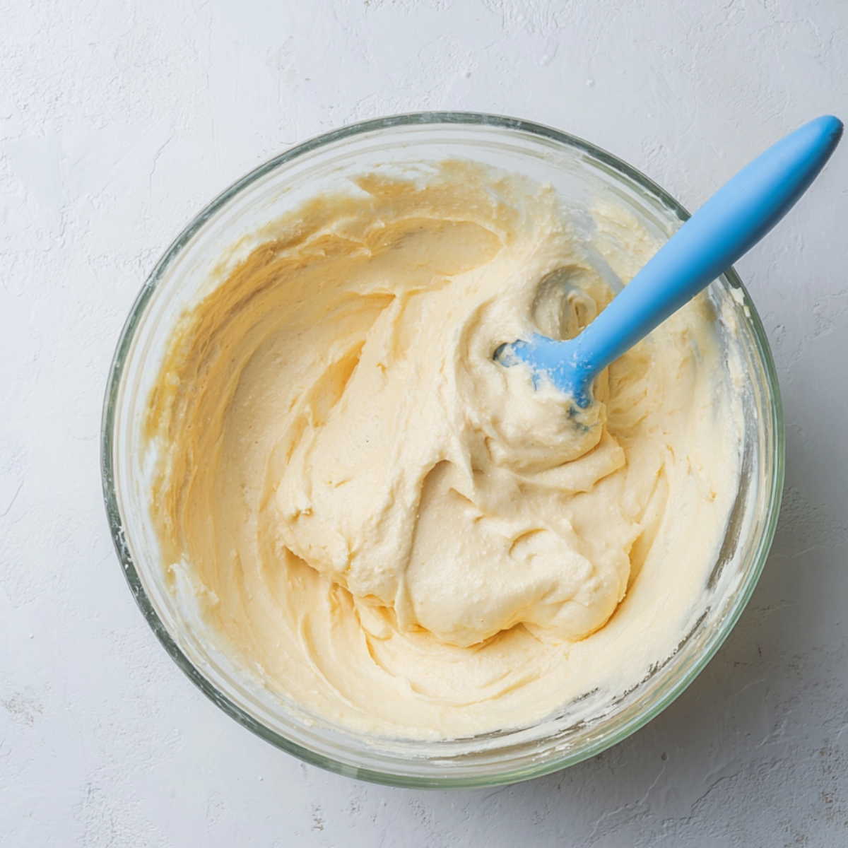Smooth lemon cake batter in a mixing bowl with spatula