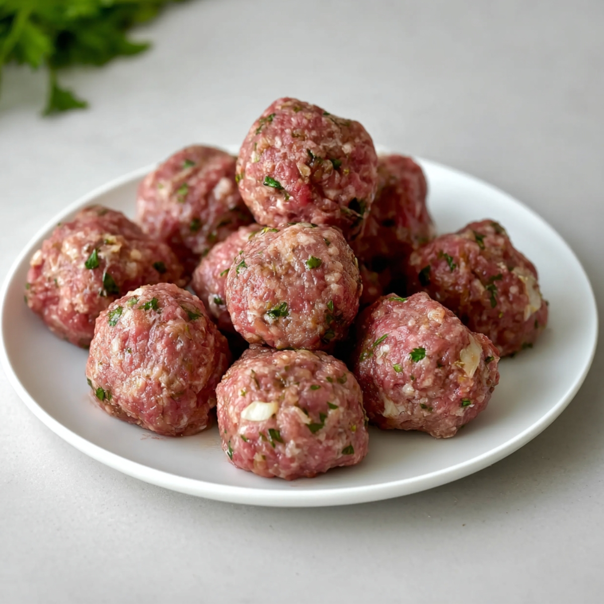 A plate stacked with freshly shaped meatballs, ready for cooking.