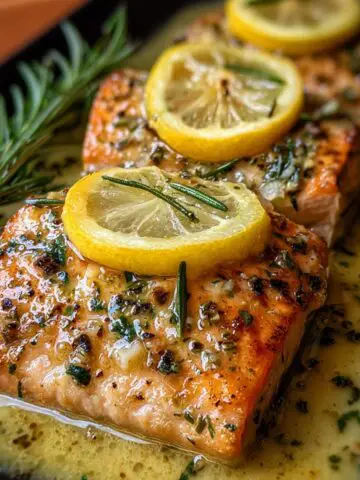 Cooked Garlic Butter Salmon fillets with crispy skin, topped with lemon slices and garlic butter.
