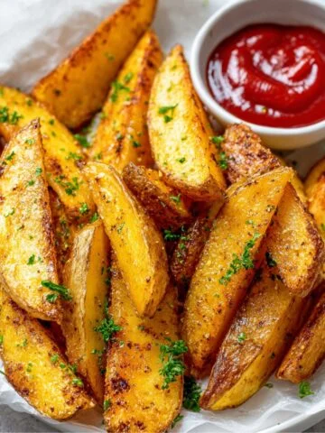Garlic Parmesan Baked Potato Wedges served with a side of ketchup.