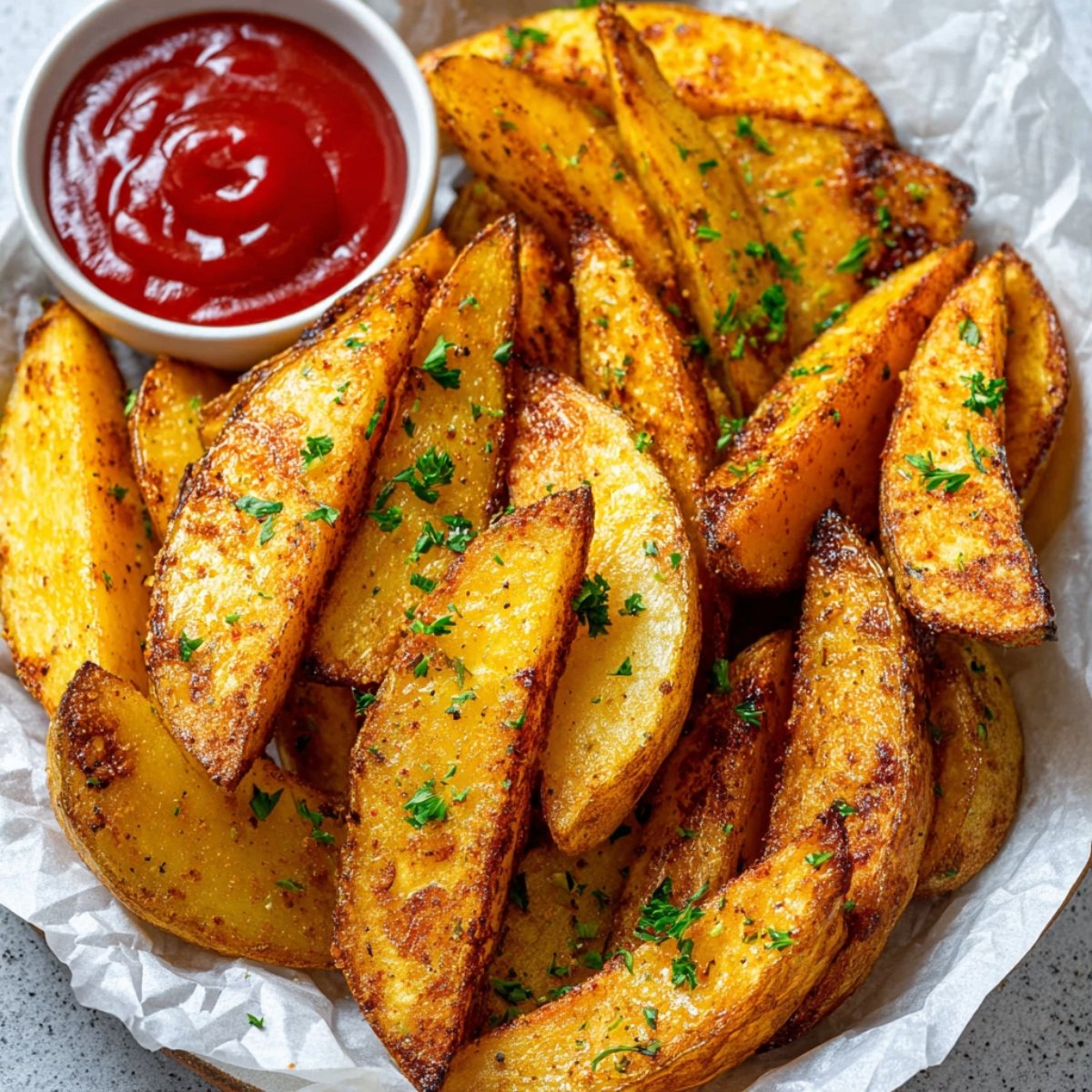 Garlic Parmesan Baked Potato Wedges Recipe with a golden crust and garnished with parsley.