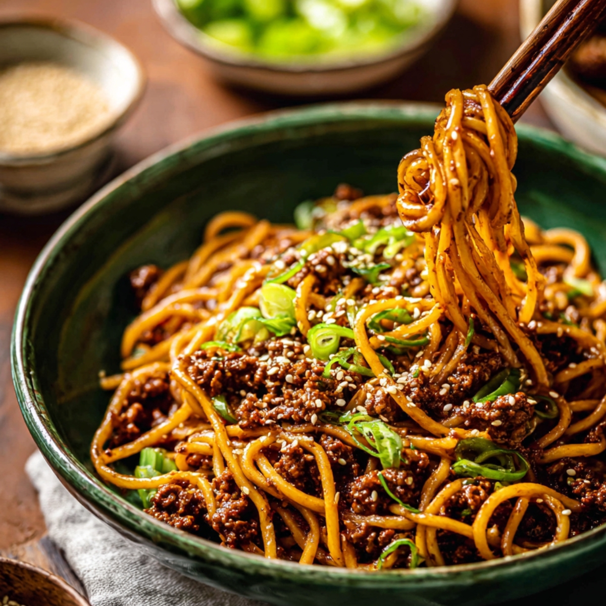 A bowl of Mongolian ground beef noodles garnished with green onions and sesame seeds, with noodles being lifted using chopsticks.