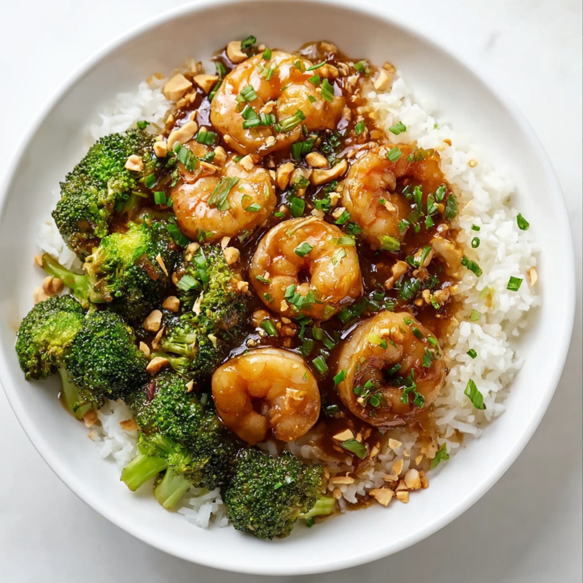 Honey Garlic Shrimp Recipe served over fluffy white rice, garnished with chopped peanuts and green onions, photographed from a top-down angle in a white bowl.