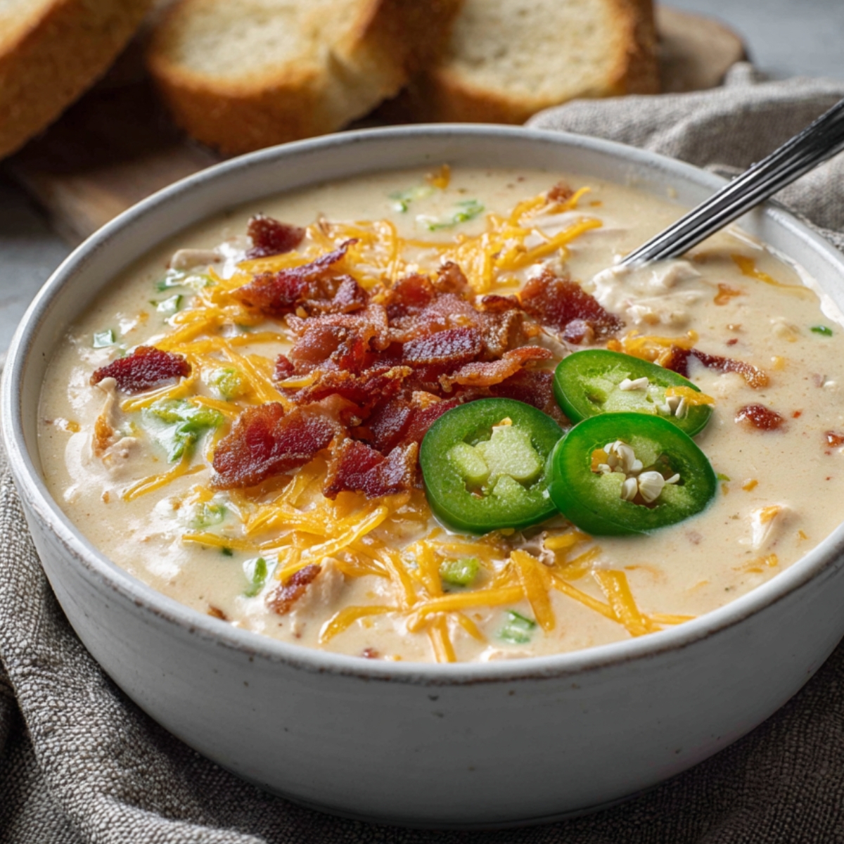 Creamy jalapeño popper chicken soup topped with bacon, shredded cheese, and sliced jalapeños in a bowl