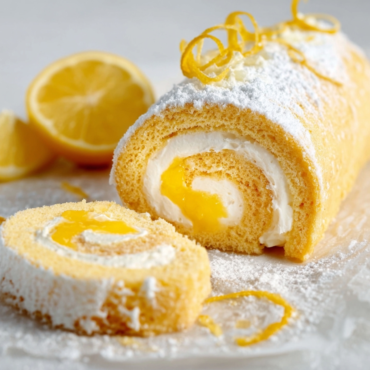 Slice of lemon Swiss roll showing cream and lemon curd swirl
