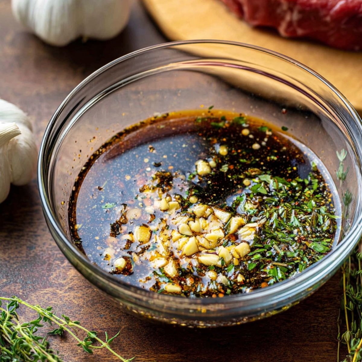 Close-up shot of a bowl containing garlic, thyme, olive oil, and other seasonings for marinating steak.