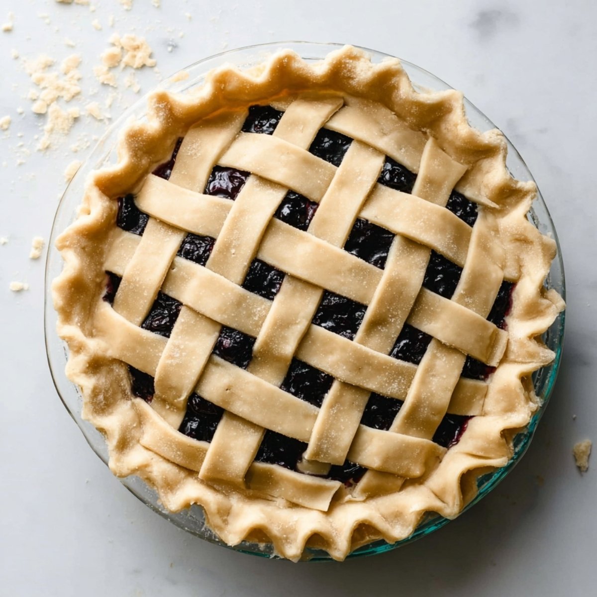 Unbaked blueberry pie with a woven lattice crust in a glass pie dish on a marble surface