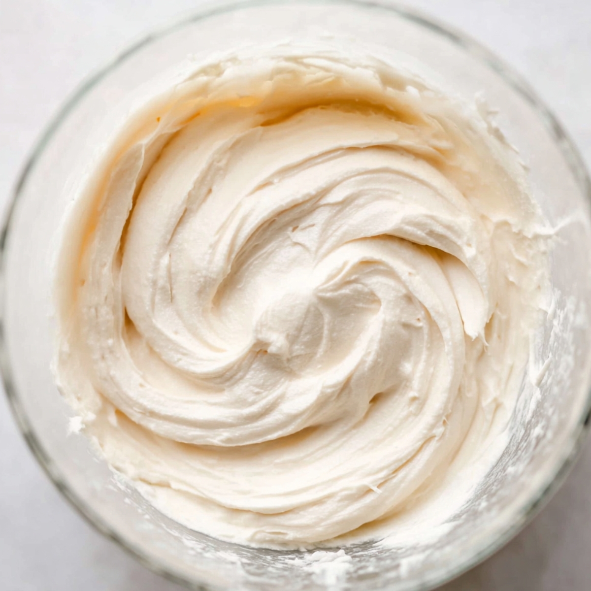 A bowl of fluffy vanilla buttercream frosting with a smooth, whipped texture.