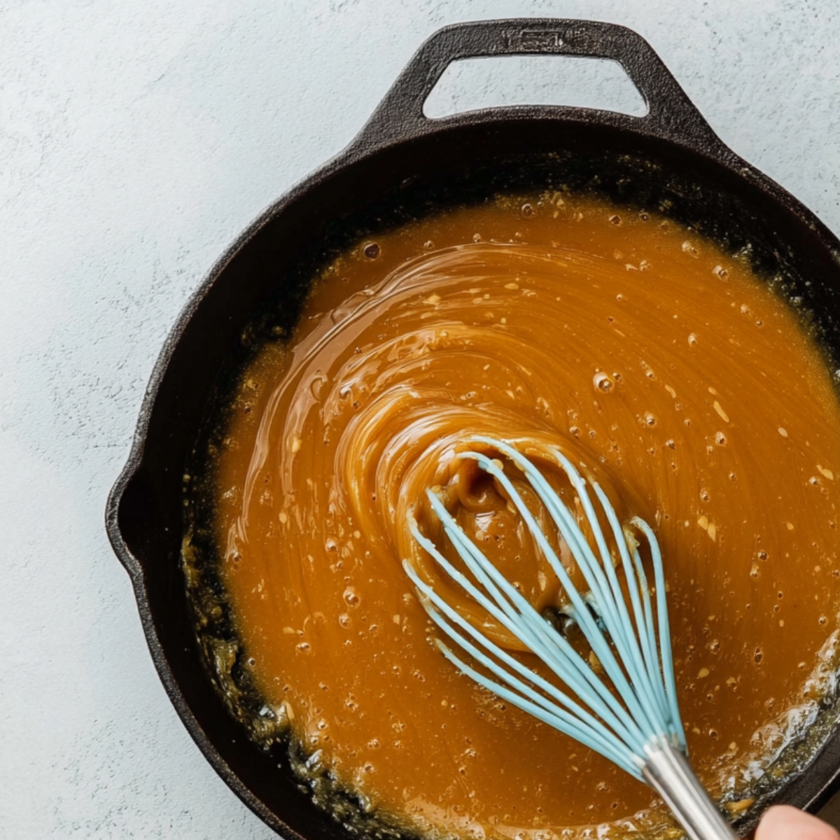 Homemade caramel sauce being whisked in a cast iron skillet until smooth and golden for pear tarte tatin.