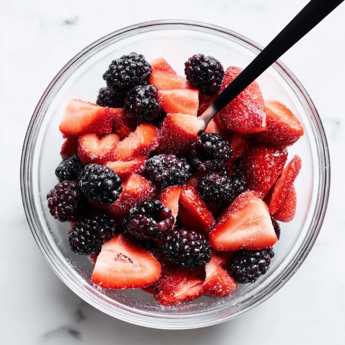 Glass bowl filled with sliced strawberries and whole blackberries coated in sugar, with a spoon mixing the fruit filling for homemade mini galettes on a light marble background.