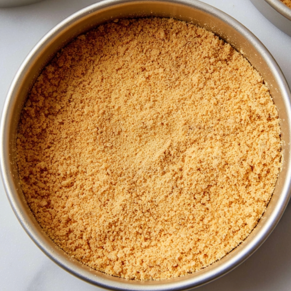 A metal cake pan filled with a fine layer of graham cracker crumbs, ready to be pressed.