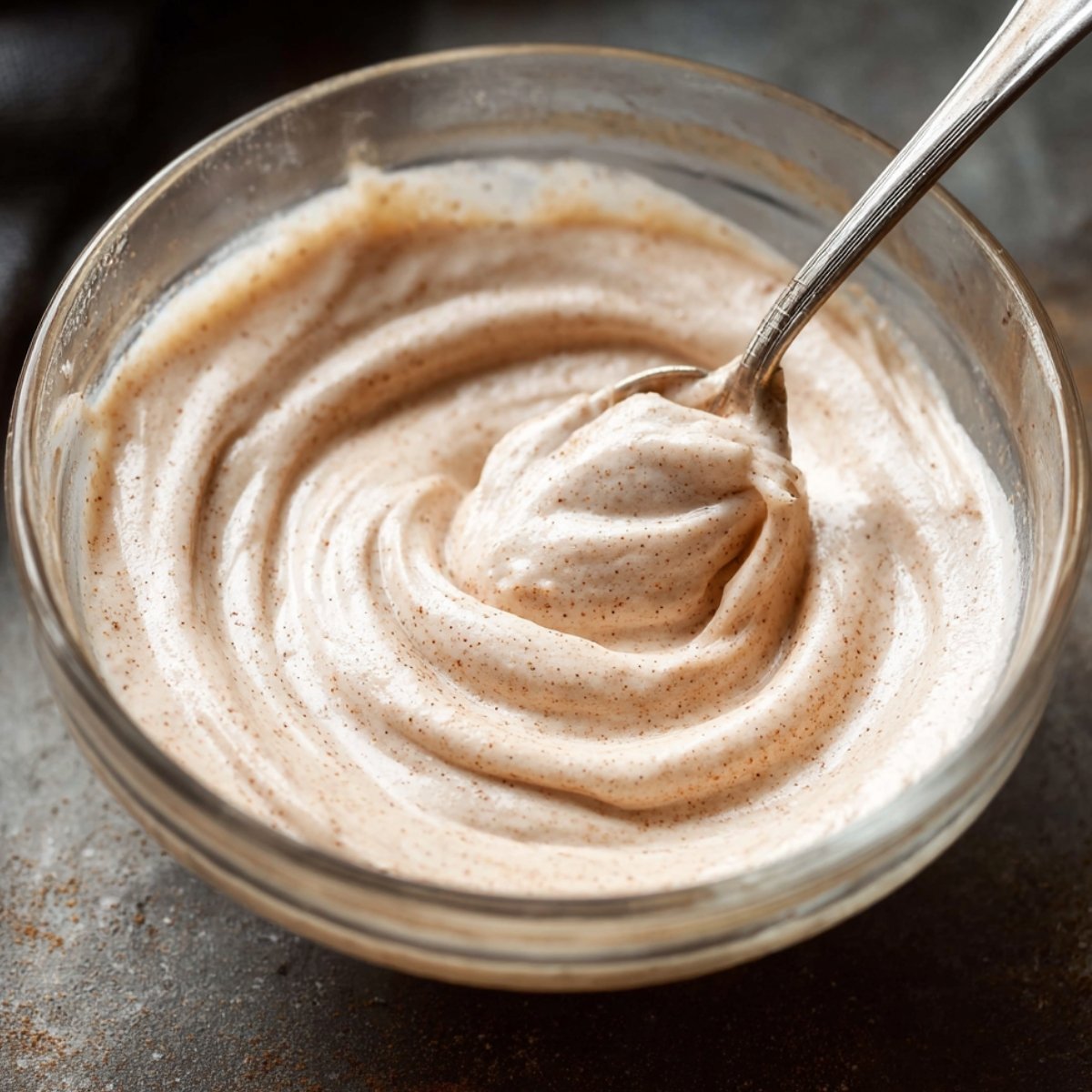 Creamy cinnamon icing mixed in a glass bowl with a spoon, smooth and swirled.