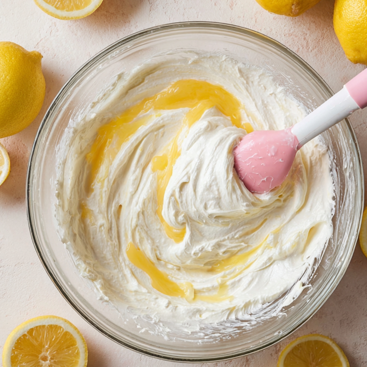 Lemon cream and whipped cream being folded together in a glass bowl
