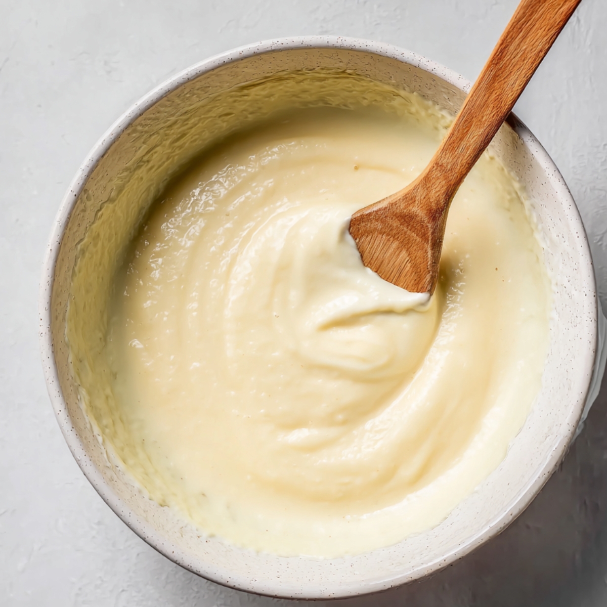 Creamy ricotta cheese mixture being stirred in a mixing bowl for baked ziti