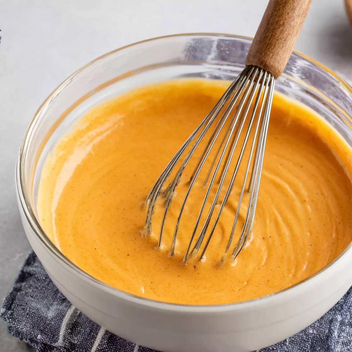 A creamy orange sauce being whisked in a glass bowl with a wire whisk.