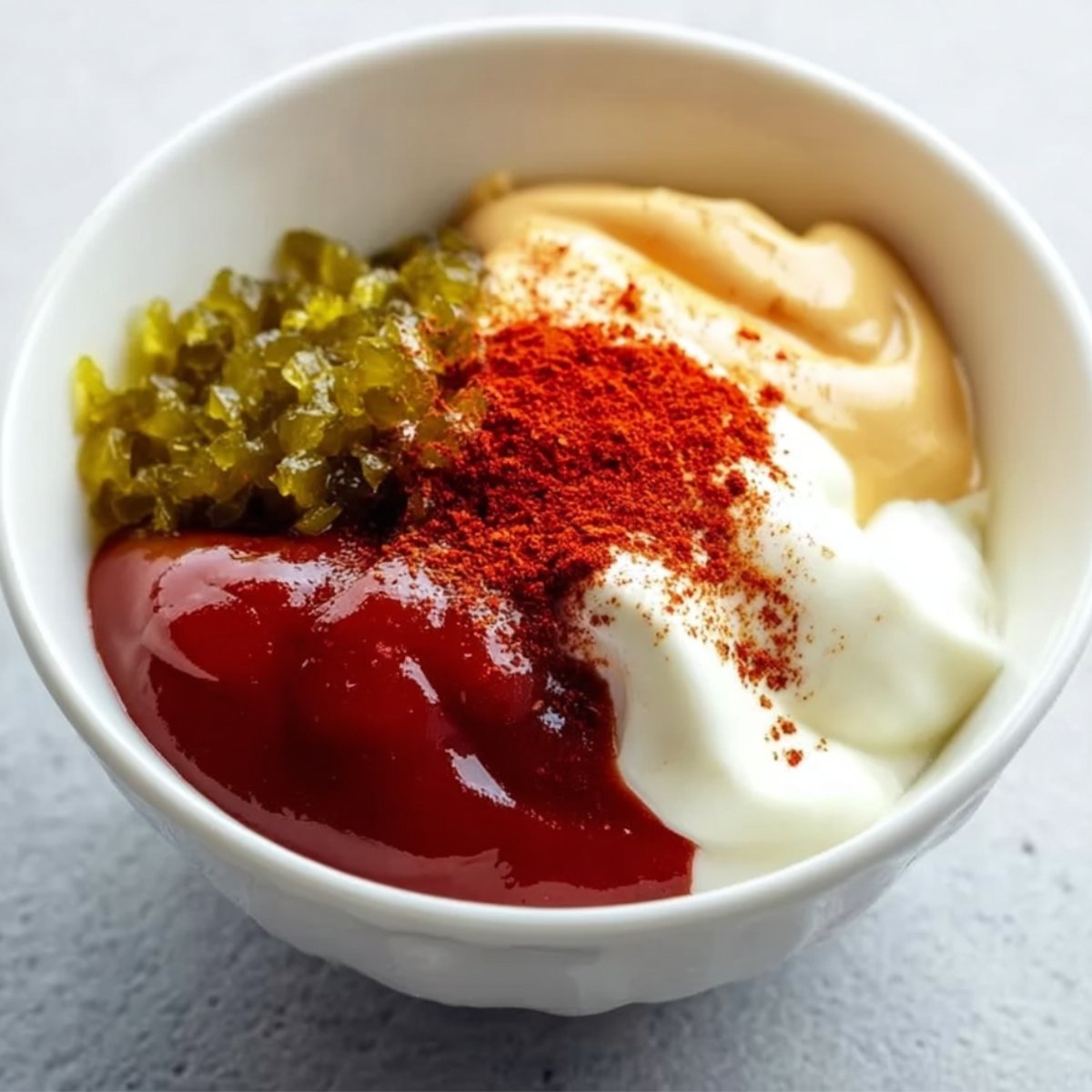 A bowl containing a mixture of ketchup, mustard, sweet pickle relish, and chili powder, creating a colorful sauce for wraps.
