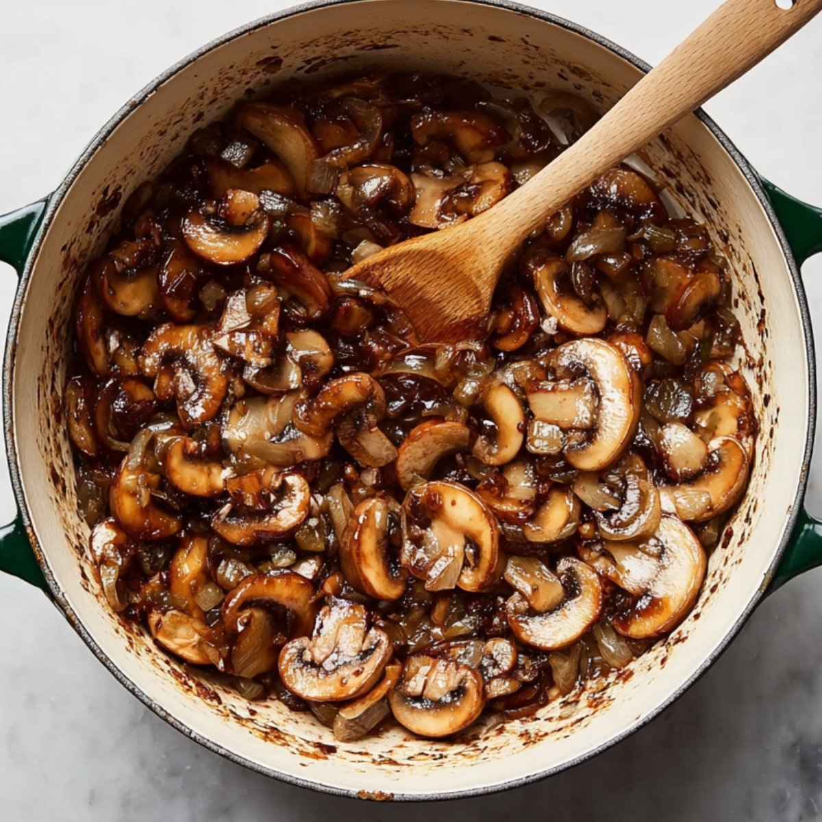 Sautéed mushrooms and onions caramelizing in a pot for Hungarian mushroom soup base.