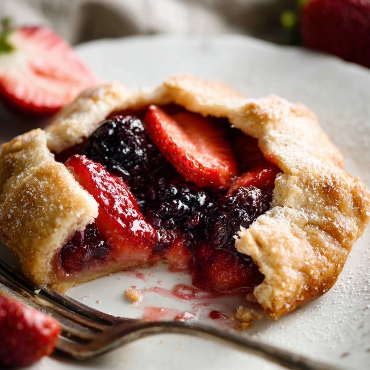 Close-up of a baked Mini Fruit Galettes filled with strawberries and blackberries, showing a flaky golden crust and juicy berry filling on a white plate with powdered sugar and a fork.