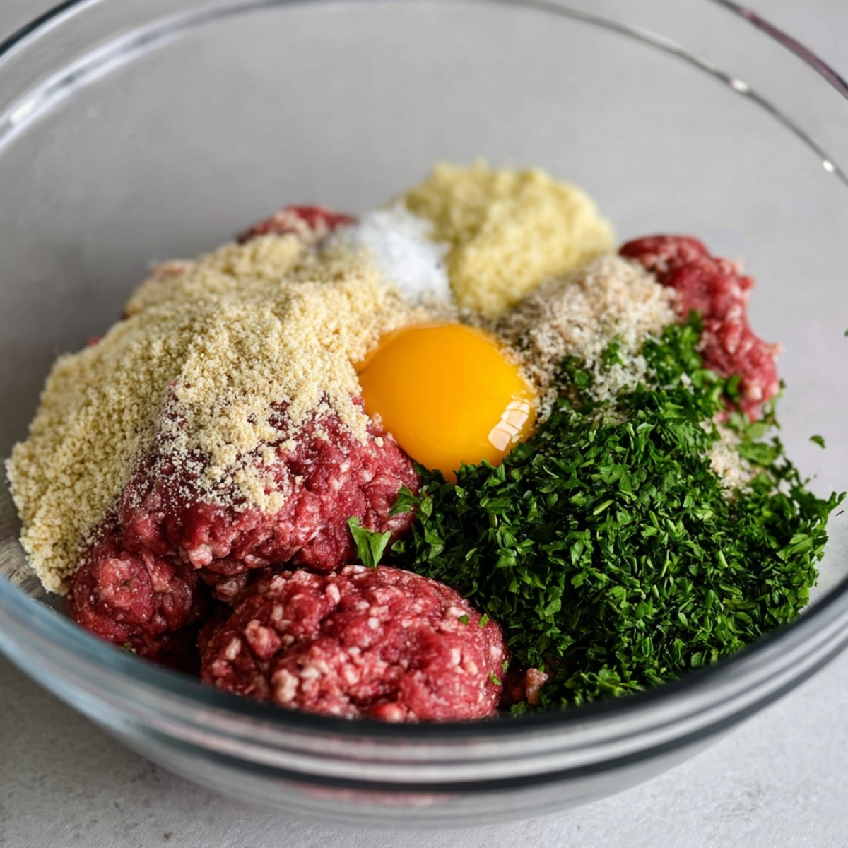 A bowl of raw ingredients for meatballs, including ground beef, breadcrumbs, herbs, garlic, and egg.
