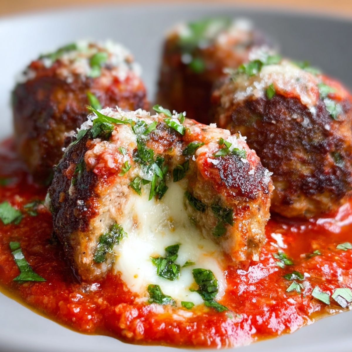 A close-up of Mozzarella Stuffed Meatballs in marinara sauce, with the cheese oozing out.
